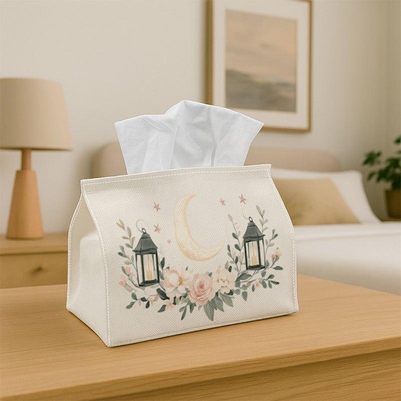 1pc Modern Artistic Tissue Box| Lantern Crescent Flowers Print, Durable Polyester Fabric for Home, Office, Car, Party- Ramadan Decoration, Seasonal Ho