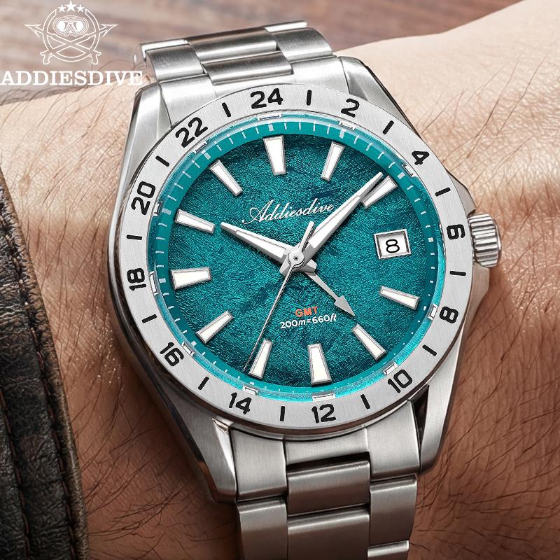 ADDIESDIVE Luxury Swiss Ronda GMT Watch 200M Water Resistant Dual Time Zone BGW9 Luminous 38mm Stainless Steel Quartz Movement