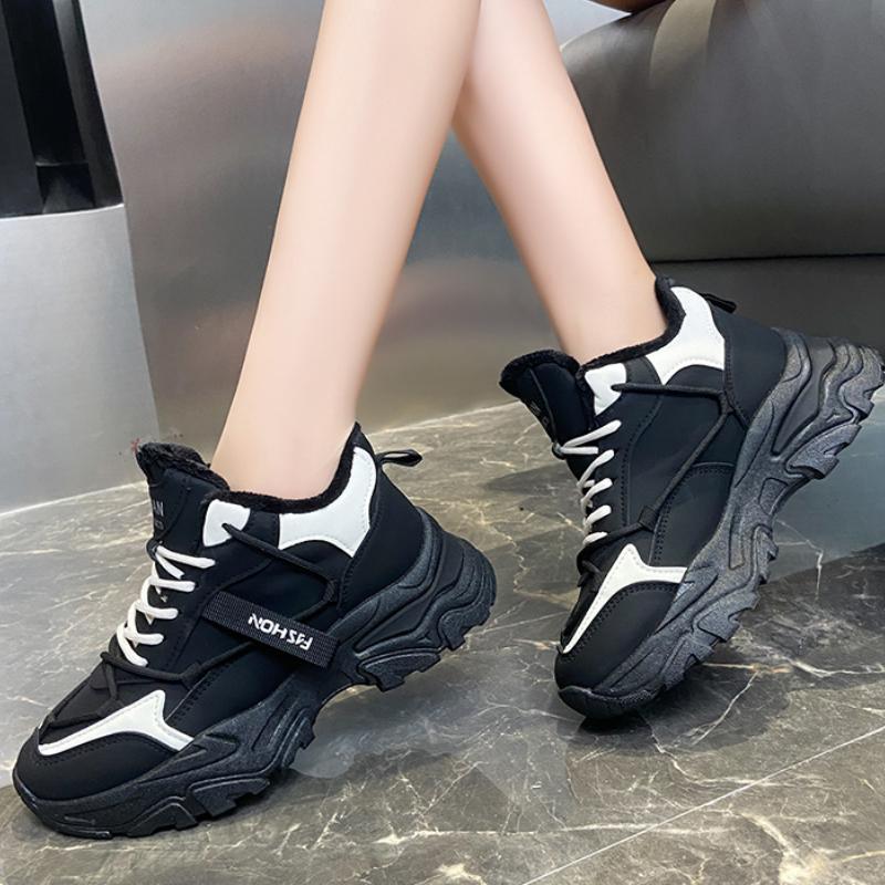 Женская обувь 2024 года, зимняя обувь Plus Velvet Dad, корейская версия, теплые высокие кроссовки со шнуровкой, женская повседневная обувь из белого хлопка