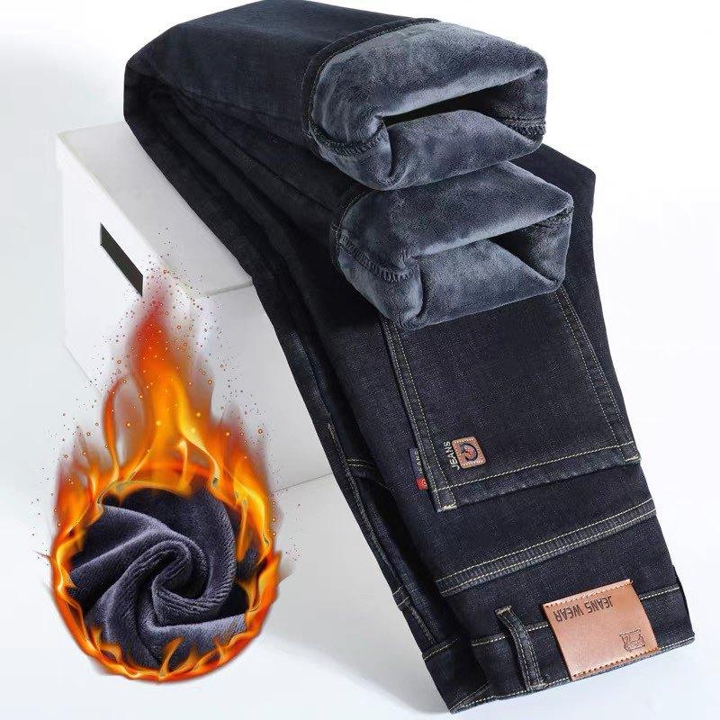 Осень и зима флис утолщенные джинсы свободные прямые брюки универсальные деловые эластичные термобрюки