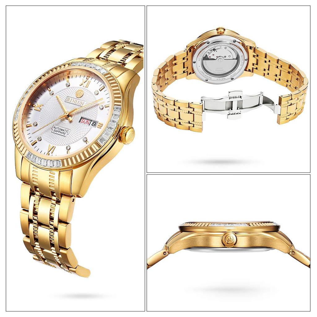 BINLUN Золотые Автоматические Часы Золотые Механические Скелетон Бизнес Часы Водонепроницаемые Аналоговые из Нержавеющей Стали Роскошные Часы для Мужчин Мужские Мужские [Продукт]