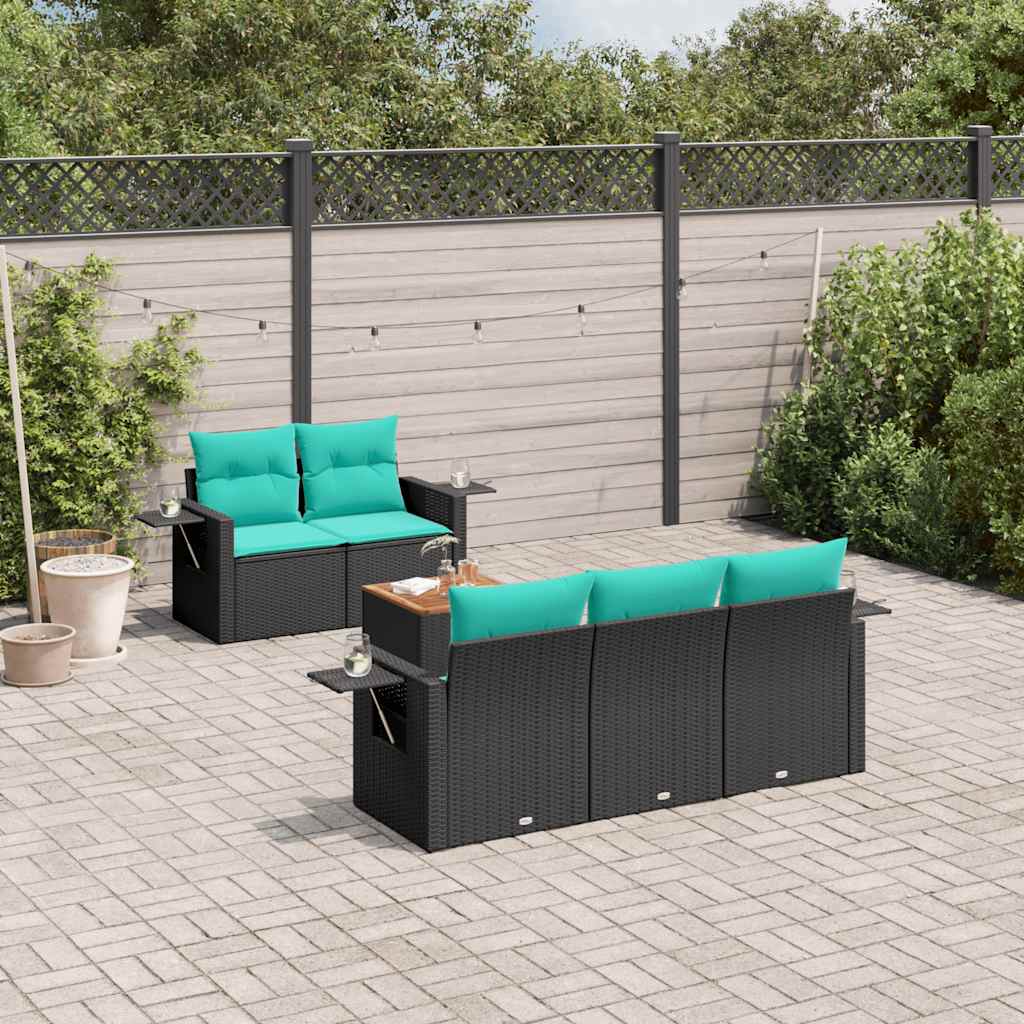 6 Piece Garden Sofa Set with Cushions Black Poly Rattan