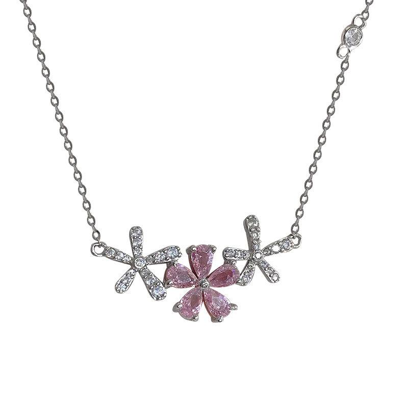 Супер Фея Розовое Бриллиантовое Пятилистное Цветочное Ожерелье Маленькое Свежее Цепочка Ключицы Темпераментное Универсальное Цирконовое Ожерелье