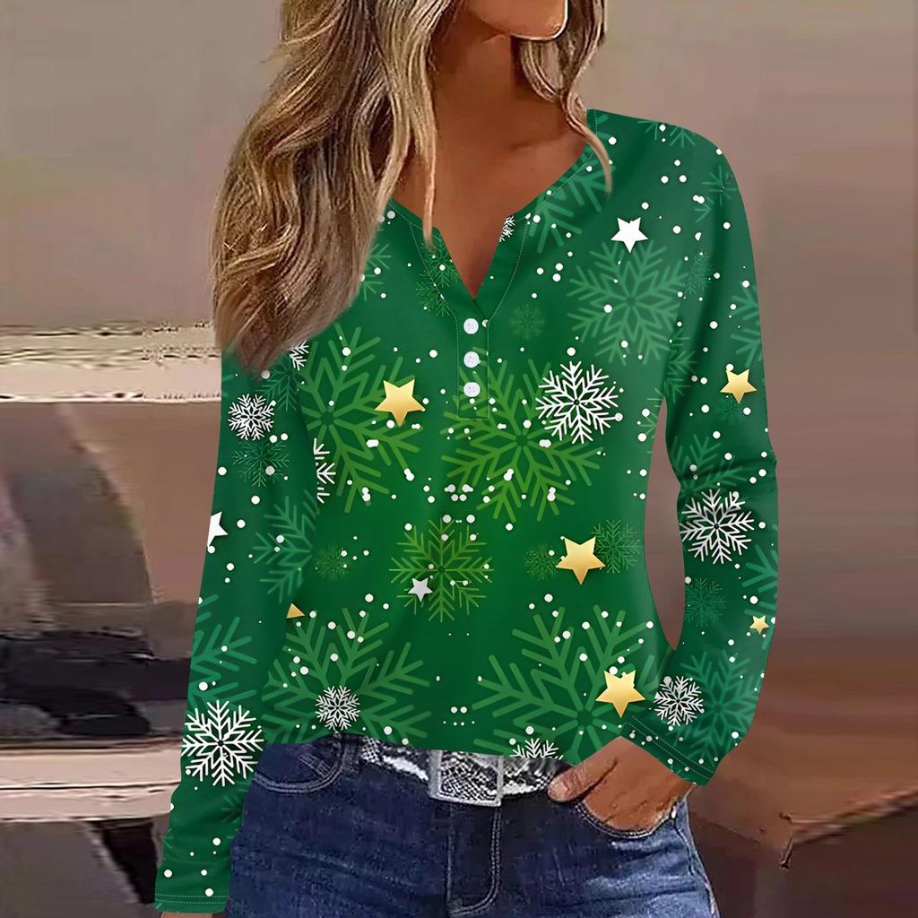 Женская футболка с рождественским принтом на пуговицах с длинным рукавом, повседневная, выходного дня, модная, базовая, с V-образным вырезом, обычная
