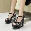 Fashion 15cm New Summer Fashion New Leather Buttons Wristbands Metal Waterproofing Platforms Special Heel Sandals High Heels