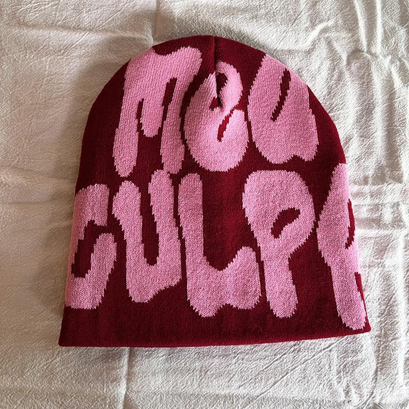 Acrylic Knit Beanie Hat With Embroidered Letters For Streetwear Fashion In Winter Season