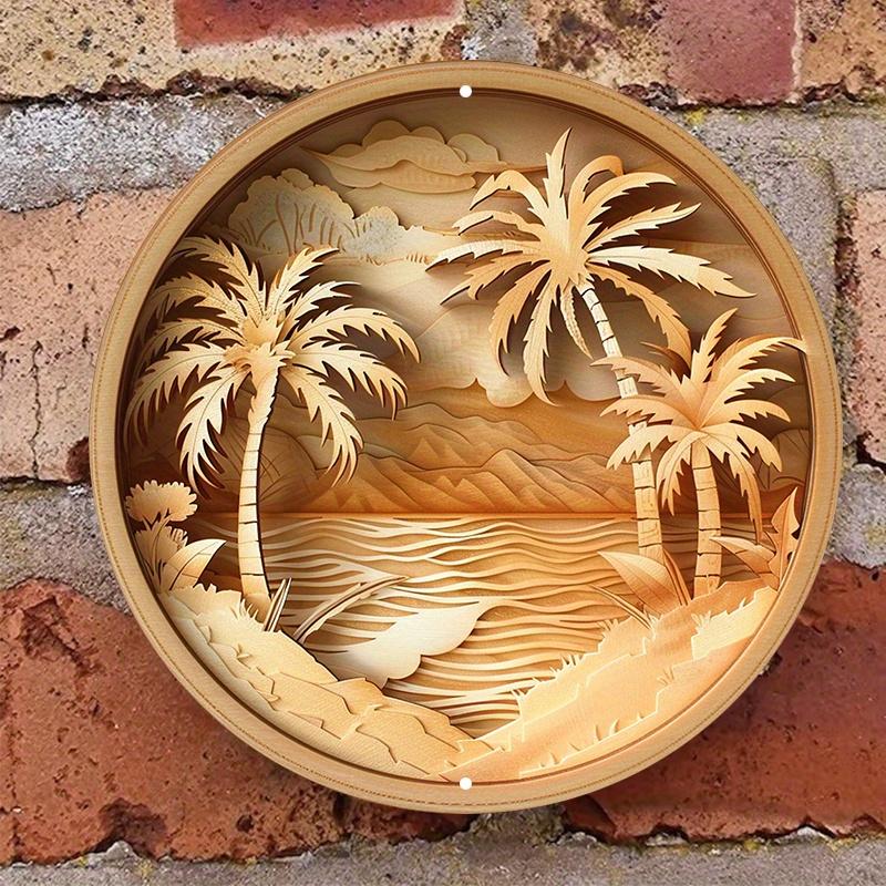 Tropical Palm Trees and Leaves Wooden Sign, Round Wall Decor, Weather Resistant Door Hanger, Wreath Decor