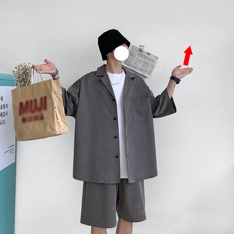 M-5XL большой корейский стиль для мальчиков и мужчин комплект костюма рубашки + шорты ДВА фото однотонная тонкая уличная одежда с карманами для подростков длиной до колен летняя одежда костюмы для мужчин