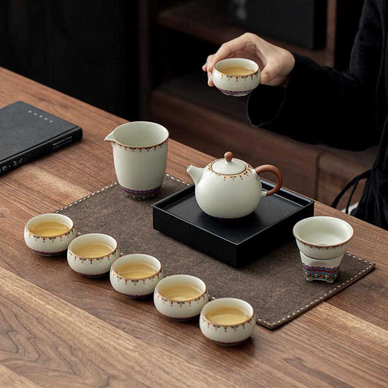 Ru kiln Kung Fu tea set, household ceramic teapot, teacup, complete set of retro gifts for elders and customers