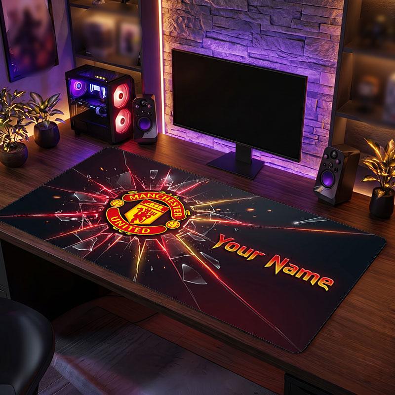 Manchester United Custom Large Mouse Pad, Personalized Name Text Print, Football Logo Non‑Slip Desk Mat Gaming Gift