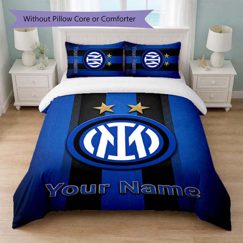Inter Milan Custom Name Text Bedding Set 1 Duvet Cover+2 Pillowcases Soccer Logo Personalized Gift For Special Occasion Bedroom Decor
