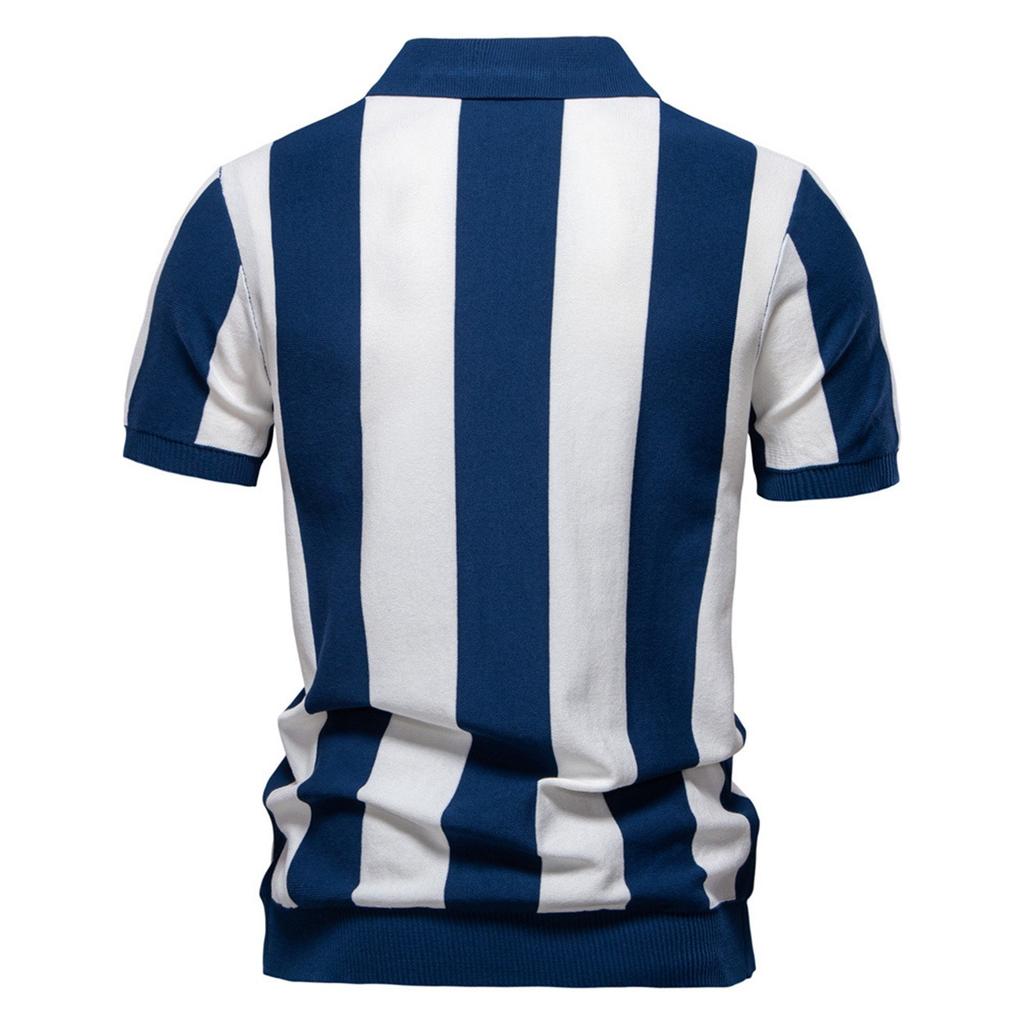 Мужская летняя полосатая трикотажная рубашка с коротким рукавом на молнии с лацканами, мужская повседневная модная рубашка