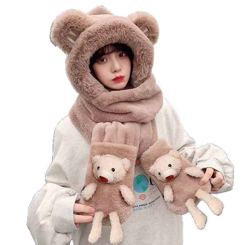 Hat Scarf Gloves Three Piece Set for Winter Women's Scarf One Piece Fluffy Hat Riding Fox Ear Protection Hat