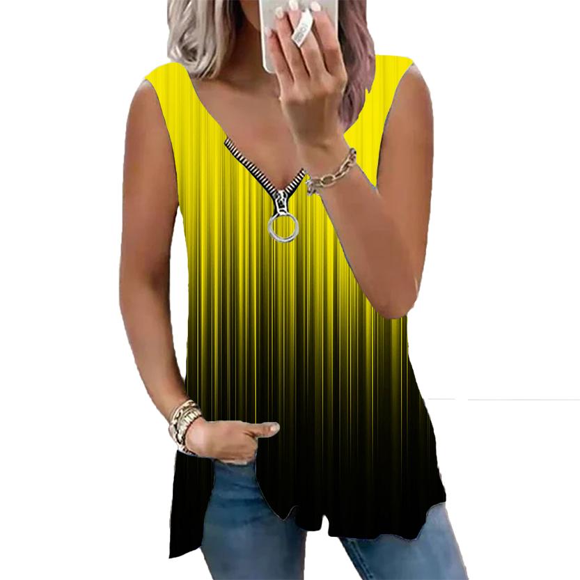 Женский топ, летний новый модный синий топ в вертикальную полоску с принтом, повседневный топ без рукавов на молнии с v-образным вырезом, майка на бретелях