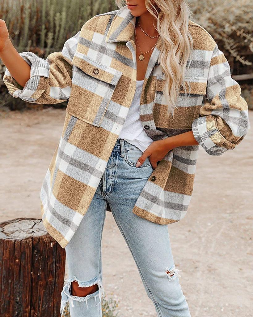 Autumn and Winter Women's Shirt Jacket Plaid Button Flannel Tweed Shirt Jacket Tops