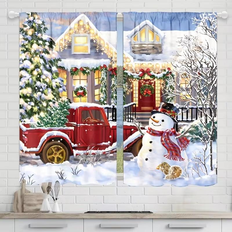 2pcs Green Pine Branch Golden Christmas Ball Pattern Curtains,Kitchen Curtain for Bedroom Living Room Home Holiday Decoration