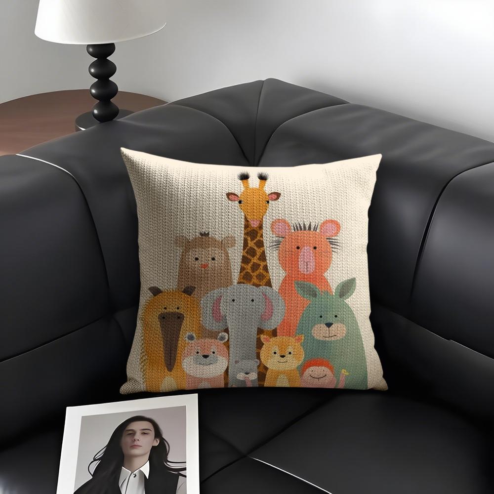 Cartoon Animals Cushion Cover Natural Linen Organic Fabric DoubleSided Printing Sofa Home Decor Gift Pillow Case