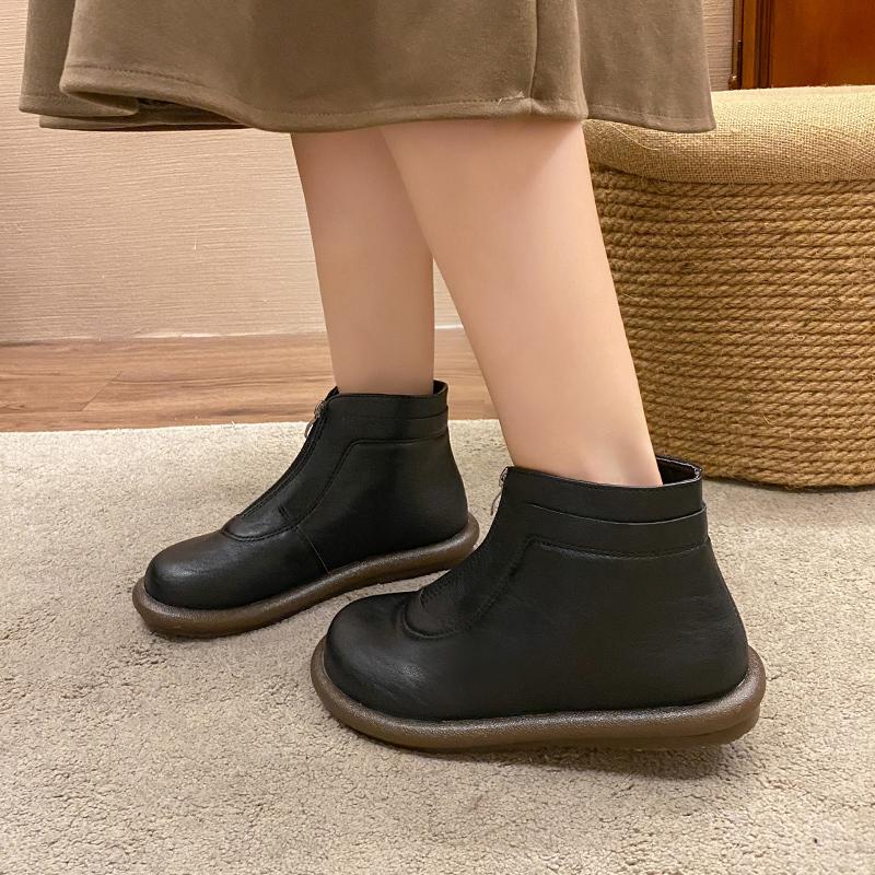 2024 Новые модные женские ботильоны на осень и зиму с застежкой-молнией спереди, удобные, с круглым носком, однотонные, на низком каблуке, модные ботинки