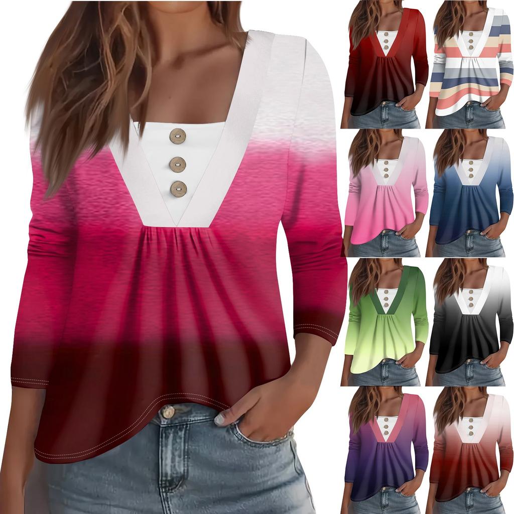 Women's Fashion Casual Long Sleeve Shirt Gradient Printed Button V Neck Up Tops