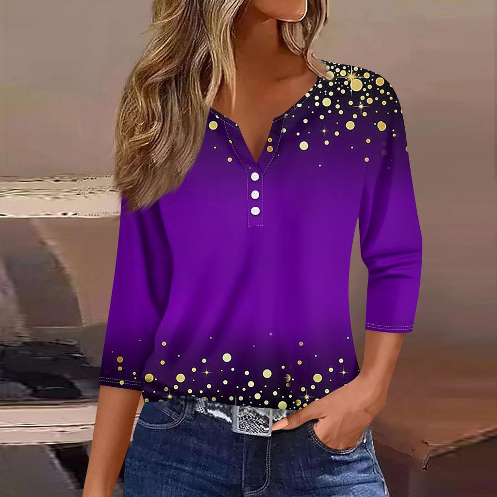 3/4 Sleeve Shirts For Women Cute Print Graphic Tees Blouses Casual Blouses V- Neck Tunic Tops