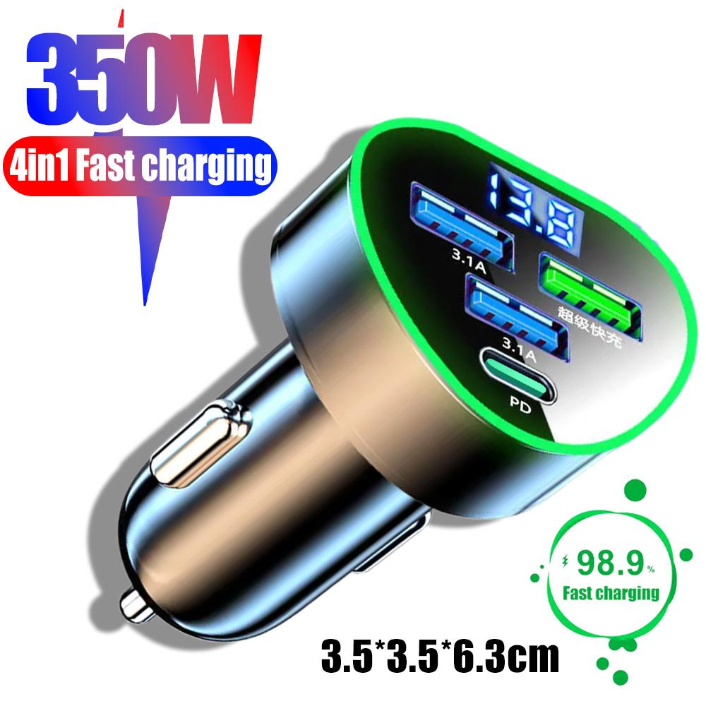 Автомобильное зарядное устройство 350 Вт USB Type C Сверхбыстрая зарядка в автомобиле со светодиодным монитором напряжения для iPhone Samsung Huawei Oneplus Vivo Oppo