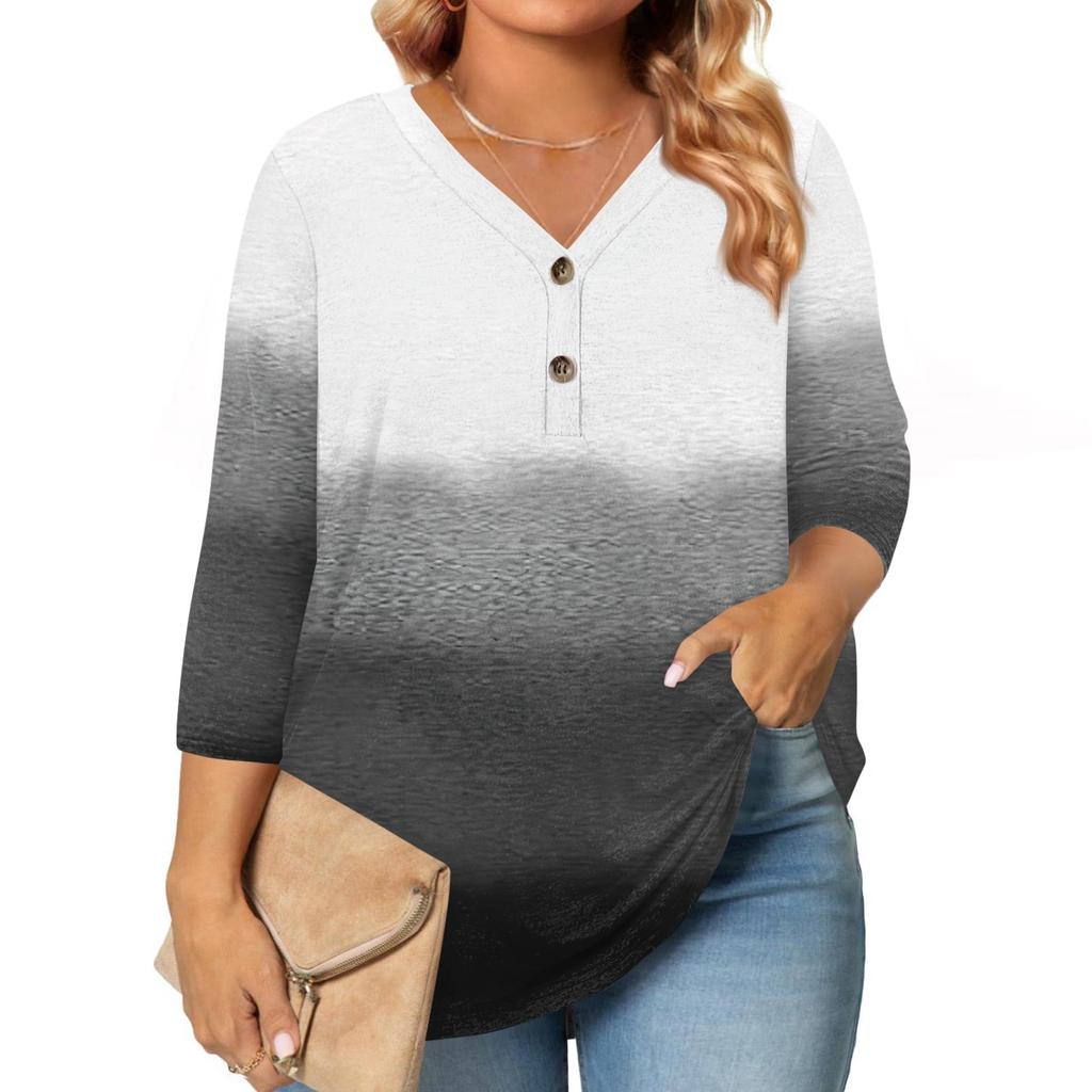 Womens 3/4 Length Sleeve Tops Plus Size Button Down V Neck Shirts Blouses Casual Printing Loose