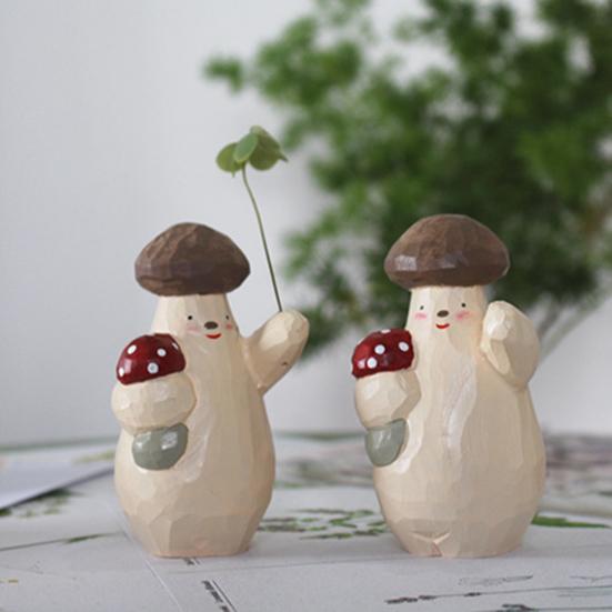 Wooden Mushroom Figurine Hand-Carved Mushroom Elf Holding A Balloon Rustic Tabletop Mushroom Decoration for Home Office Desk Shelf
