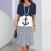 Мода Якорь Принт Элегантное Платье Женщина Короткий Рукав Одежда Миди Женские Платья Полоски Оверсайз Одежда Лето