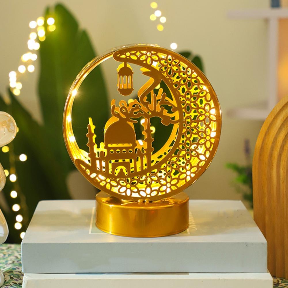 Gold Moon Castle LED Light Wrought Iron Ramadan Desk Ornament Ramadan Night Light Bedroom