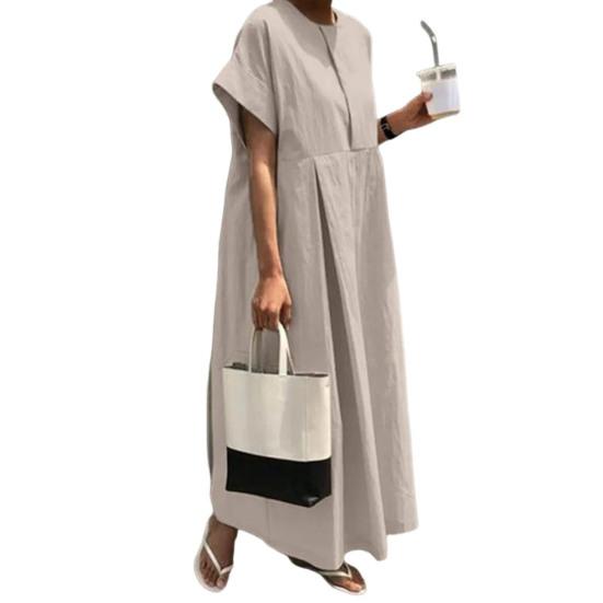 Летнее платье макси, свободное плиссированное платье с круглым вырезом и короткими рукавами, чистый цвет, большие размеры, повседневная одежда, женское платье макси