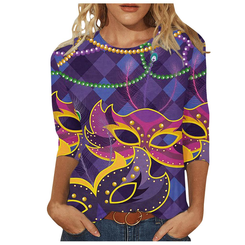 Круглый вырез 3D Карнавальная маска Печатный топ Модные повседневные длинные рукава женские футболки