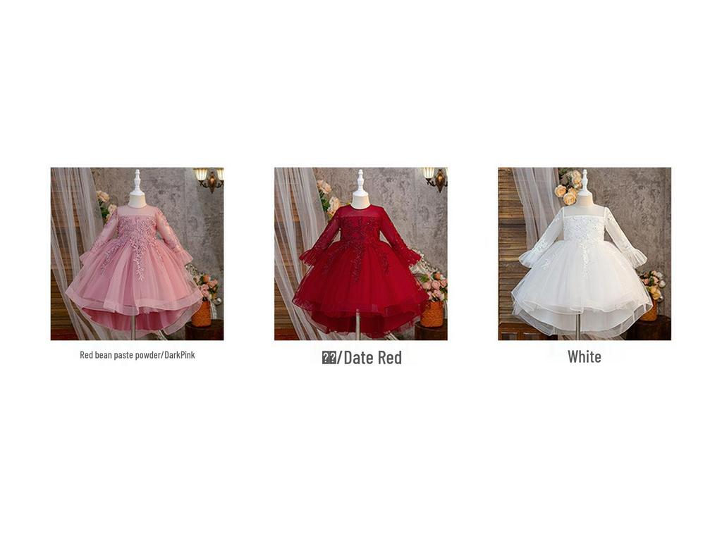 Children's Long Sleeve Evening Dress with Appliqué Mesh Puff Skirt