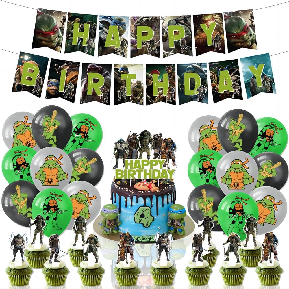 Ninja Turtles Birthday Decoration Party Set Ninja Turtles Turtle Character Hero Cool Kids Boys Girls Green Black Funny Cute Balloons Balloon Cake
