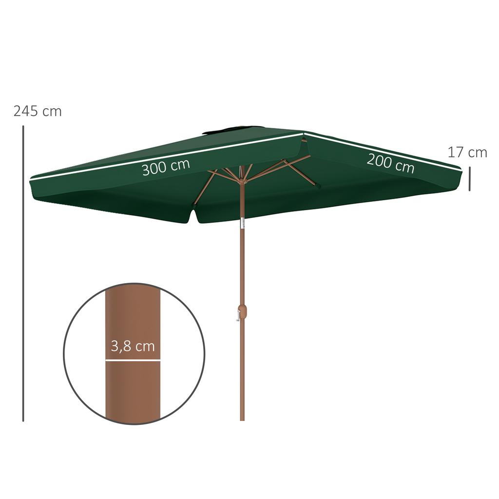 Outdoor Terrace Parasol 300x200x245 cm with Adjustable Angle Aluminum Pole Crank and UV Protection 50+ Green