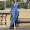 Elegant and Fashionable Long-sleeved Lapel Solid Color Long Denim Dress