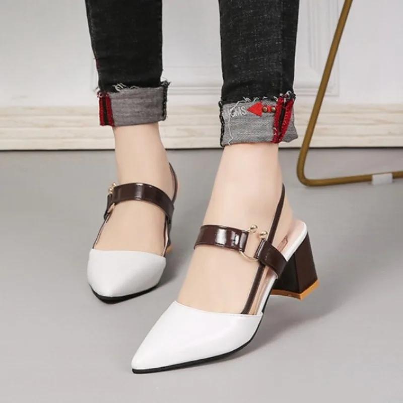 Модная женская обувь Женские сандалии Лето 2024 Новые острые толстые сандалии Большие размеры Женская мода на высоком каблуке Женские сандалии