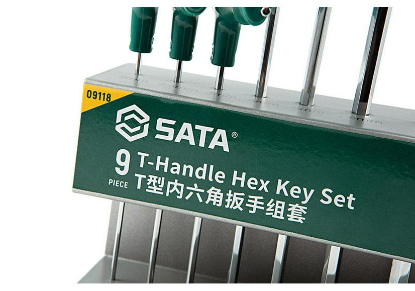 Набор шестигранных ключей SATA из 9 предметов: Шестигранный ключ с Т-образной ручкой и шаровым наконечником 09117 и L-образный ключ с плоским наконечником 09118, размеры 1,5-10 мм.