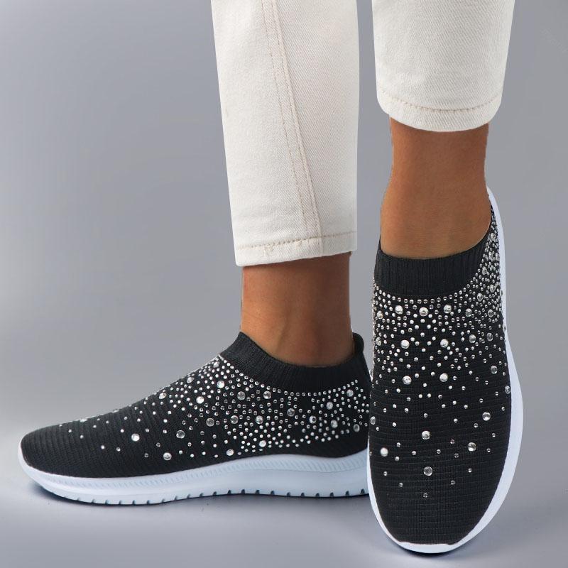Женские кроссовки на плоской подошве с кристаллами, дышащая повседневная обувь, спортивная обувь на открытом воздухе