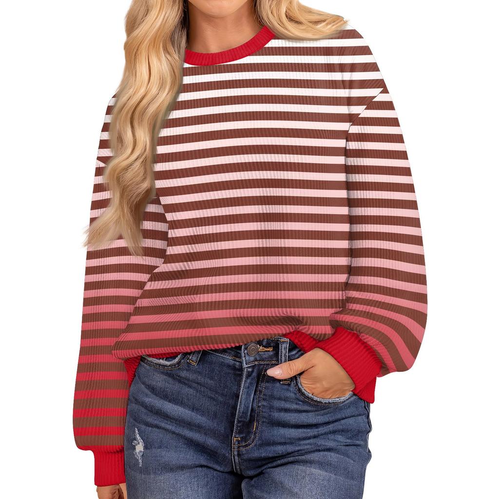 Женские повседневные свободные туники, топы с круглым вырезом, трикотажные ребристые рубашки с принтом, длинный рукав, пуловер, топ