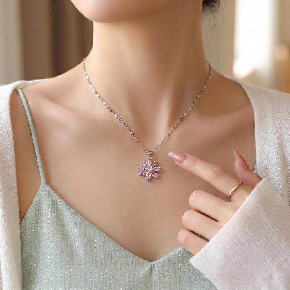 Cute Plant Female White Pink Zircon Stone Flower Pendant Necklace Silver Color Wedding Jewelry For Women