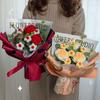 Crochet Flowers Bouquet with String Lights Gift Bag Handmade Knitted Bouquet Fake Rose Bouquet for Mother's Day Wedding