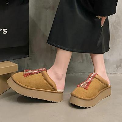 Мода Бахрома Женские Балетки Платформа Теплые Тапочки Хлопковая Обувь Короткие Плюшевые Ботинки Женские Тренд 2024 Домашние Шлепанцы Слингбэк Mujer Botas