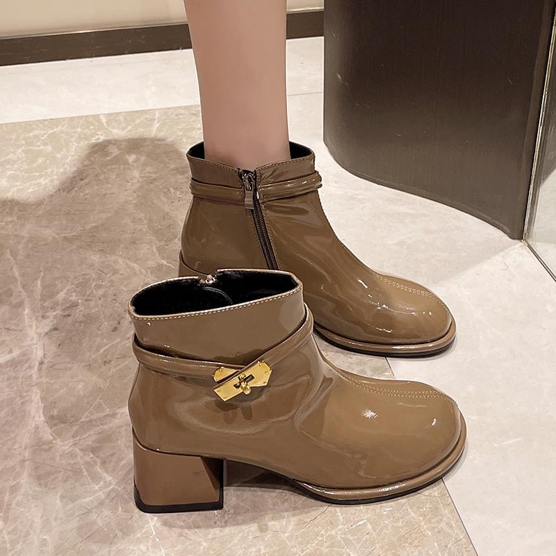 2024 Новые модные и универсальные женские сапоги на толстом каблуке с удобной молнией и декоративным темпераментом на весну и осень