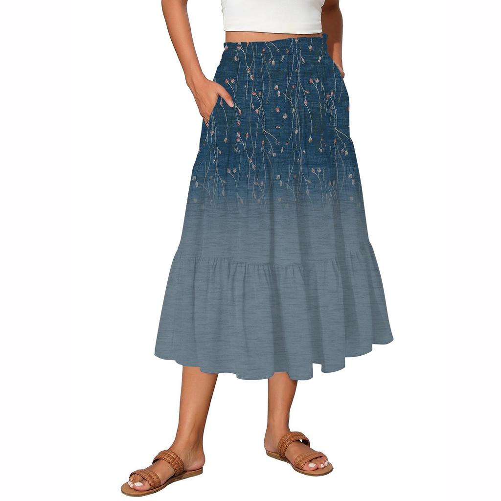 Женская винтажная градиентная струящаяся расклешенная юбка-макси с оборками