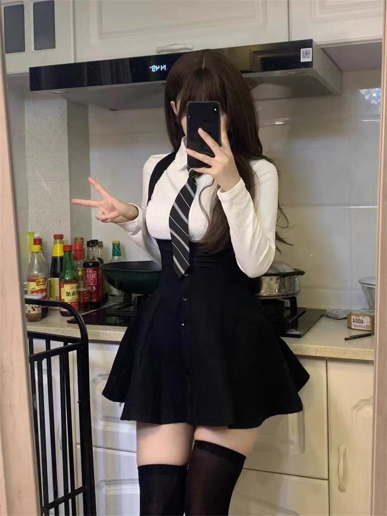 Комплект платья для топа и лендмайна длинный или короткий белая лента и подтяжки школьный Харадзюку осень фото [SDSXZWG] Массовое производство Женщины, Низ, Галстук, Стиль,