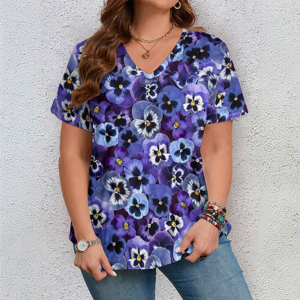 Women's Short Sleeve V Neck Tshirt Woman Fashions Loose Plus Size Clothing Colorful Flower Print Holidays T-Shirts Tops