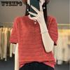 Casual Loose Women's Ice Silk Short Sleeved T-shirt Summer Thin Button Design Linen Knitted Base Shirt