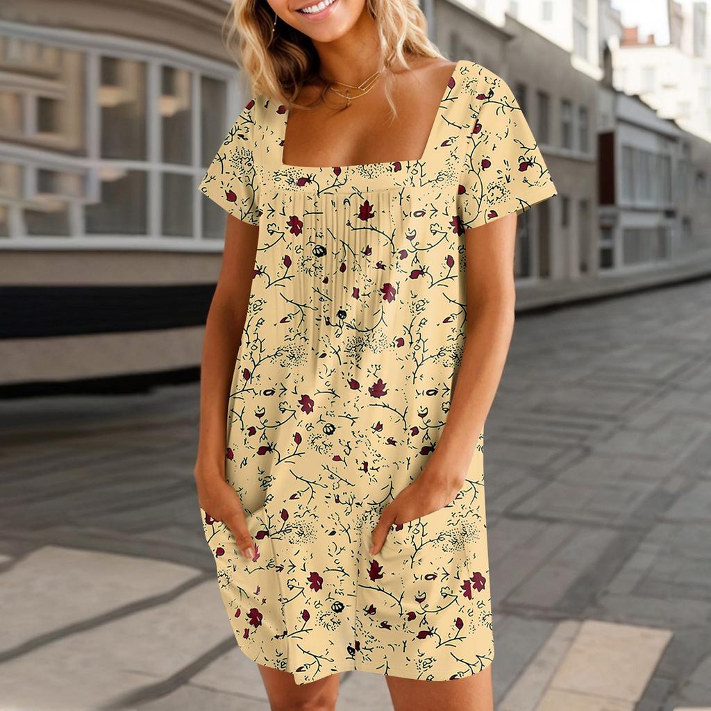 Женские летние повседневные платья с квадратным вырезом, плиссировкой спереди и карманом, с короткими рукавами и принтом