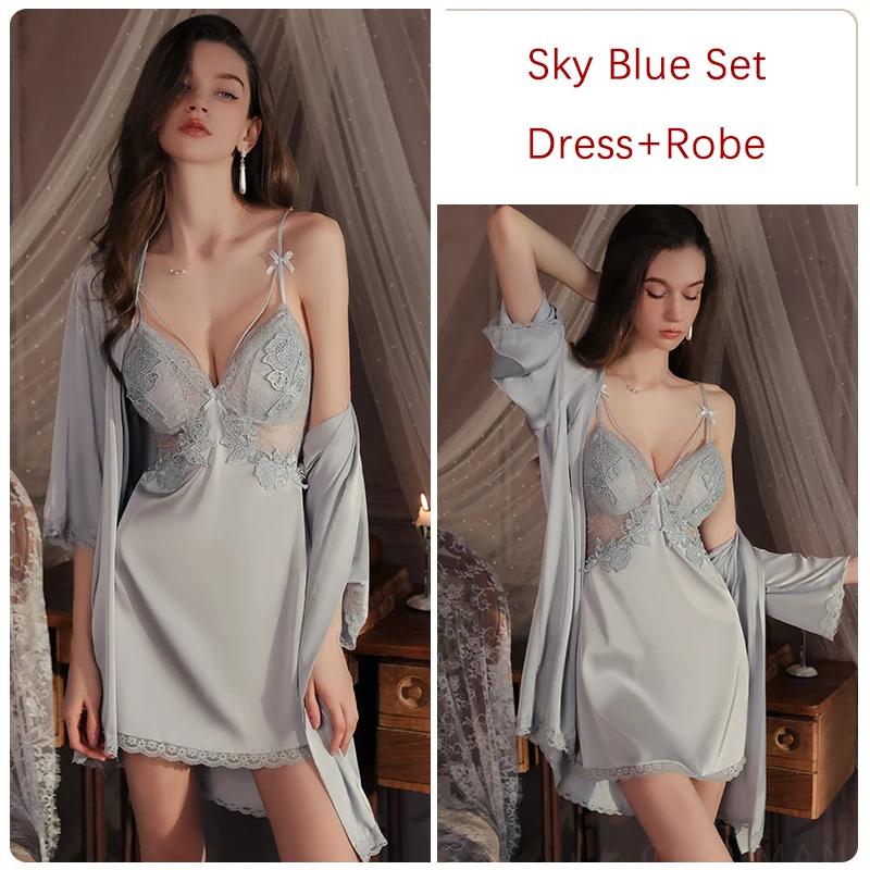 Silk Pajamas Women's Nightgown Set Slip Dress with Push Up Bra Sexy Women's Pajamas