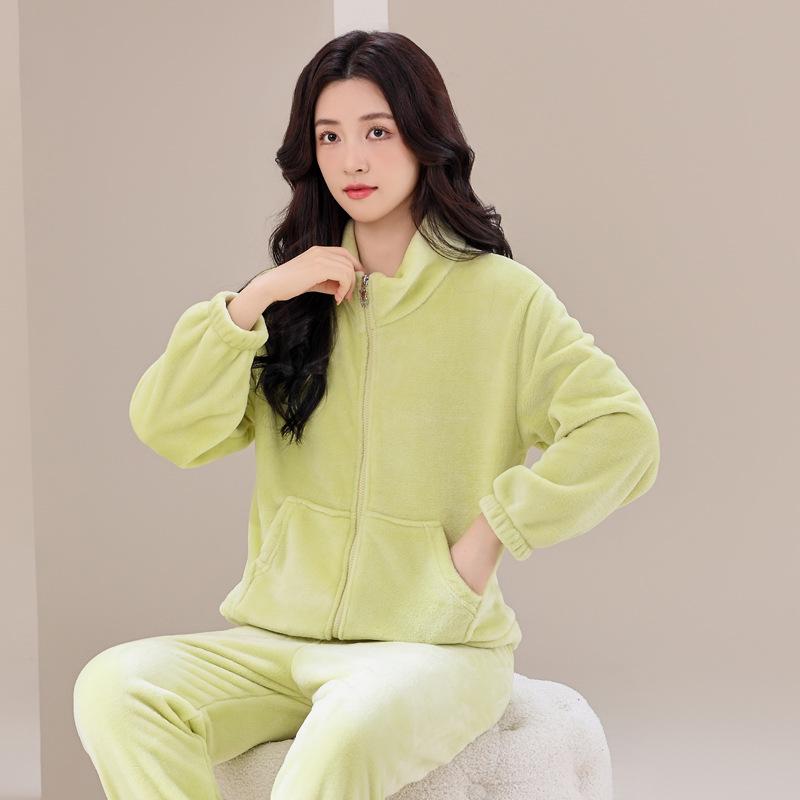 Сладкий конфетный цвет комплект из двух предметов пижамы осень-зима фланелевые пижамные комплекты женские флисовые утолщенные молнии однотонные симпатичные домашняя одежда